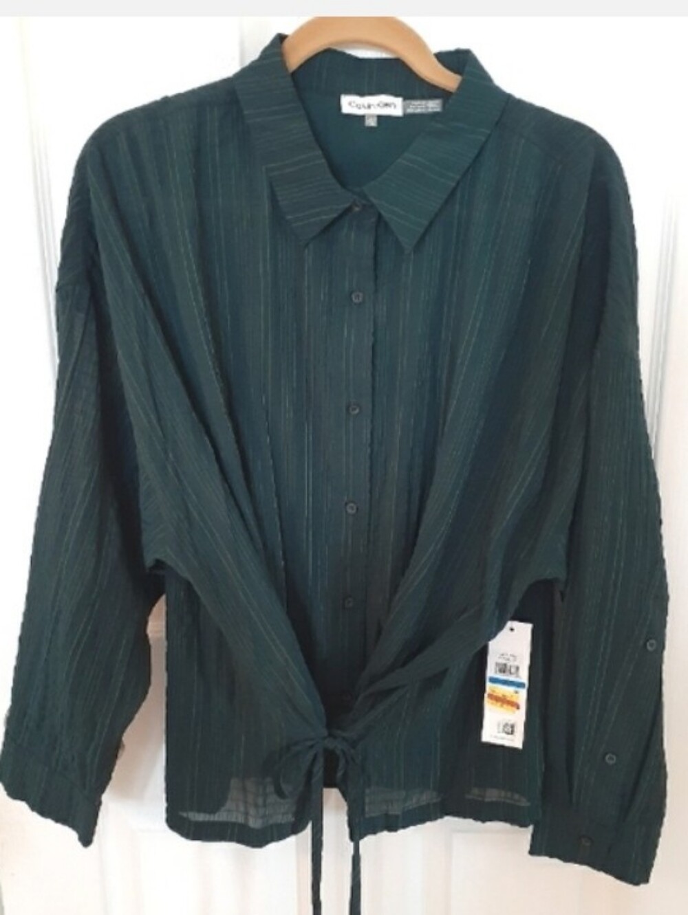 Calvin Klein NWT XL Dark Green Textured Tie Front Button Down Blouse